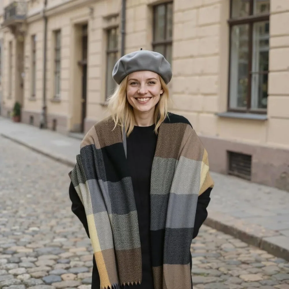Women's brown Red Lattice Scarf Fashion Long Plaid Shawls Wraps Big Grid Winter